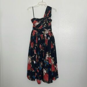 Unique Vintage Black Floral Roses One Shoulder Pinup Retro Dress Size Small